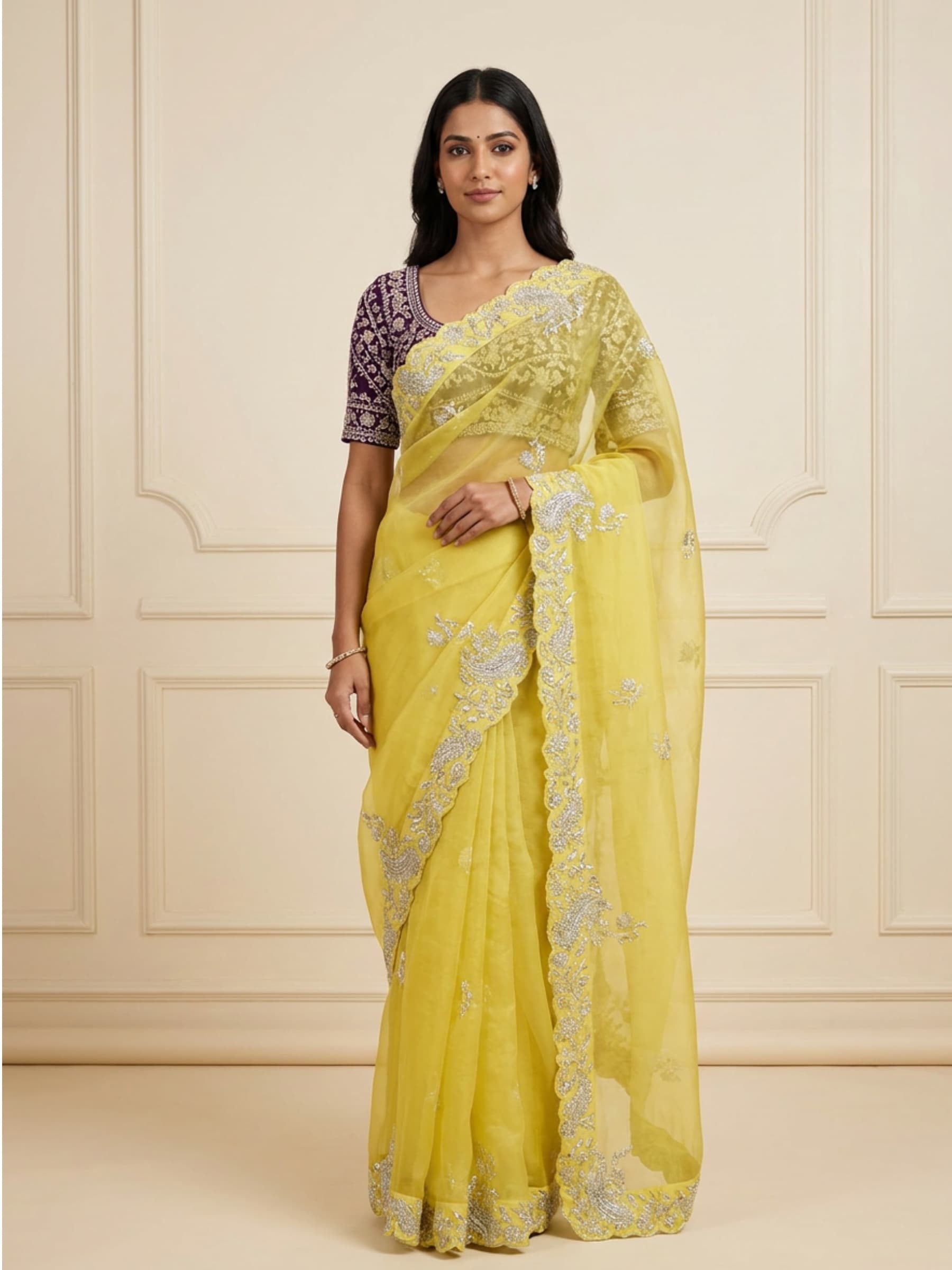 Aura Designer Cutwork Zardozi Saree in Yellow