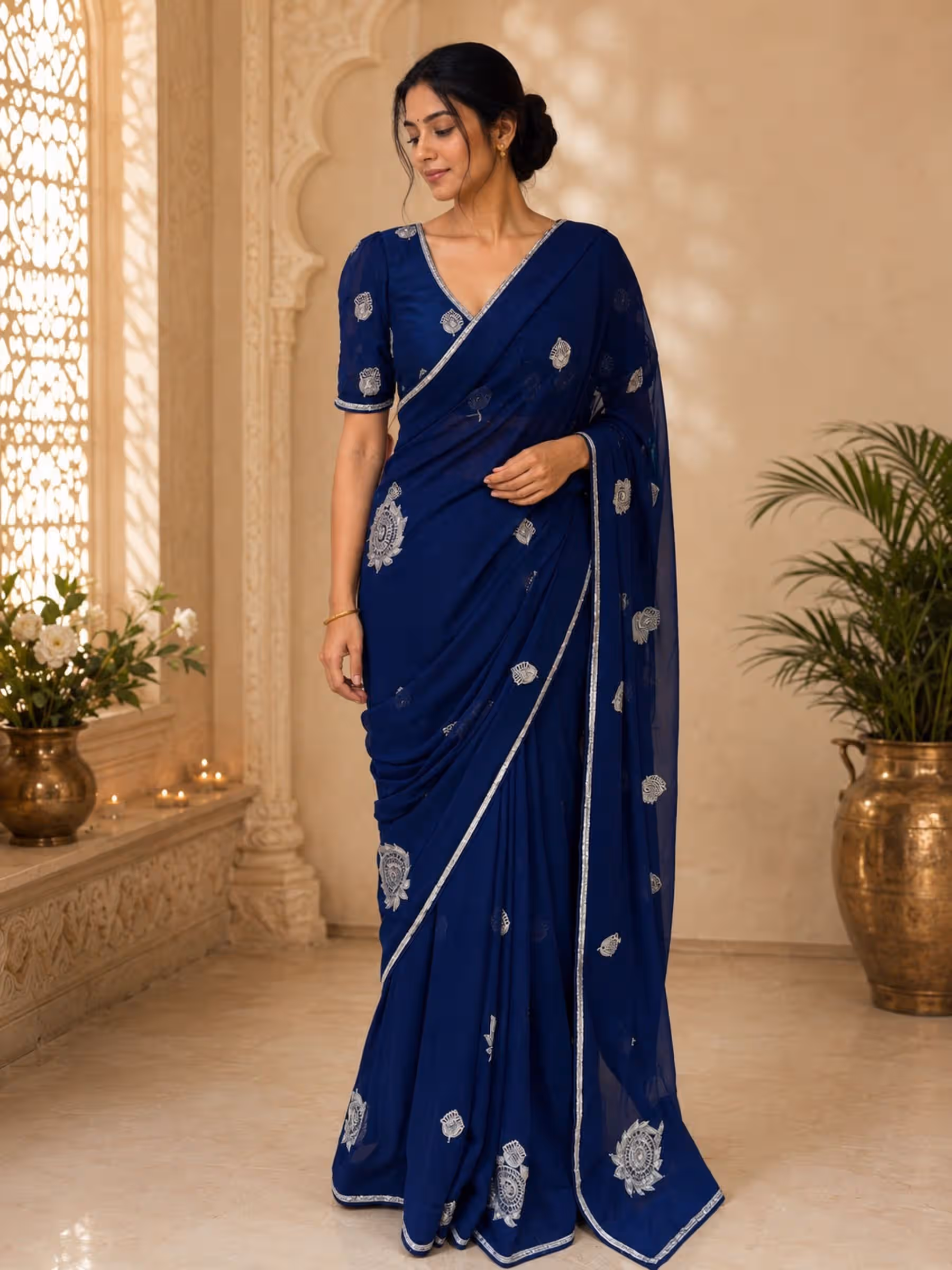 Electric Blue Pure Georgette Saree in Aari Handwork