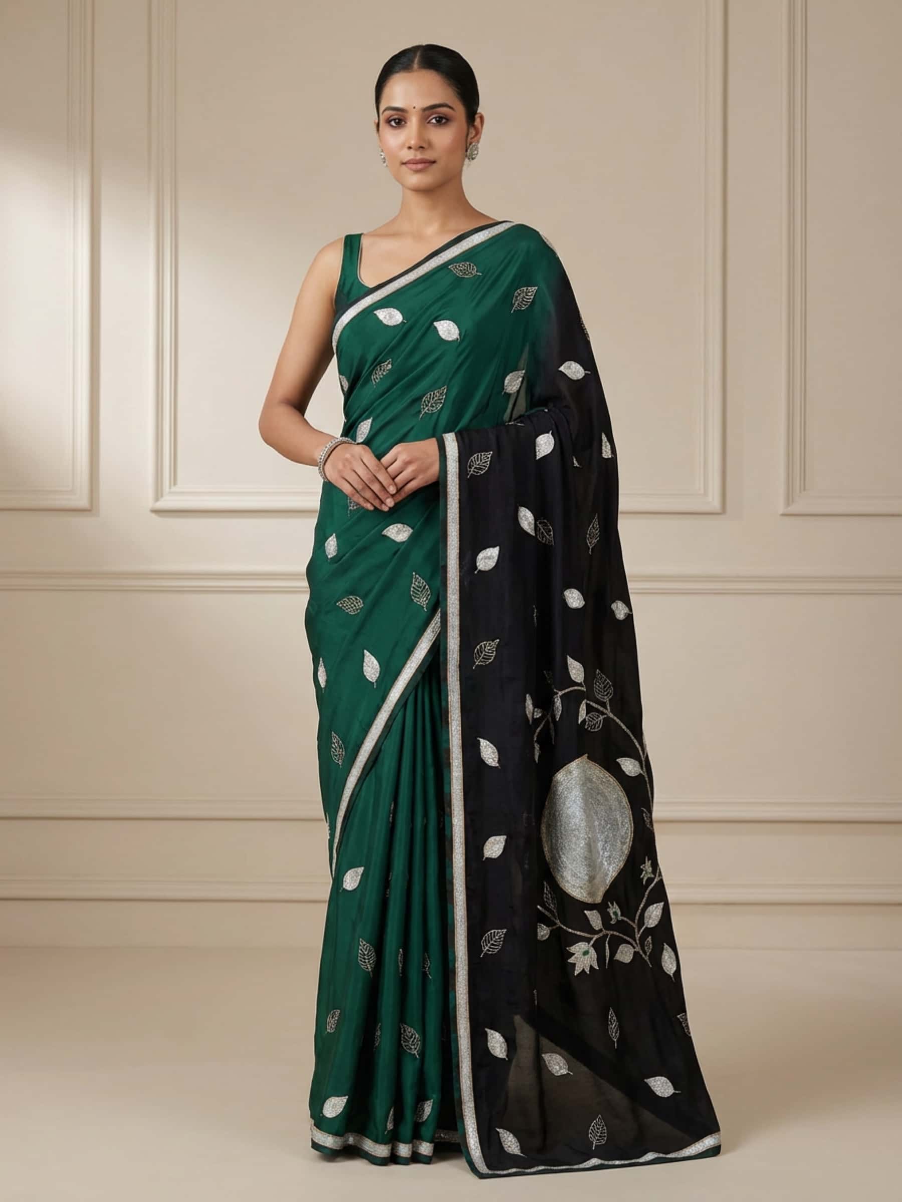 Luxurious Aari Handworked Saree in Green Black Ombre