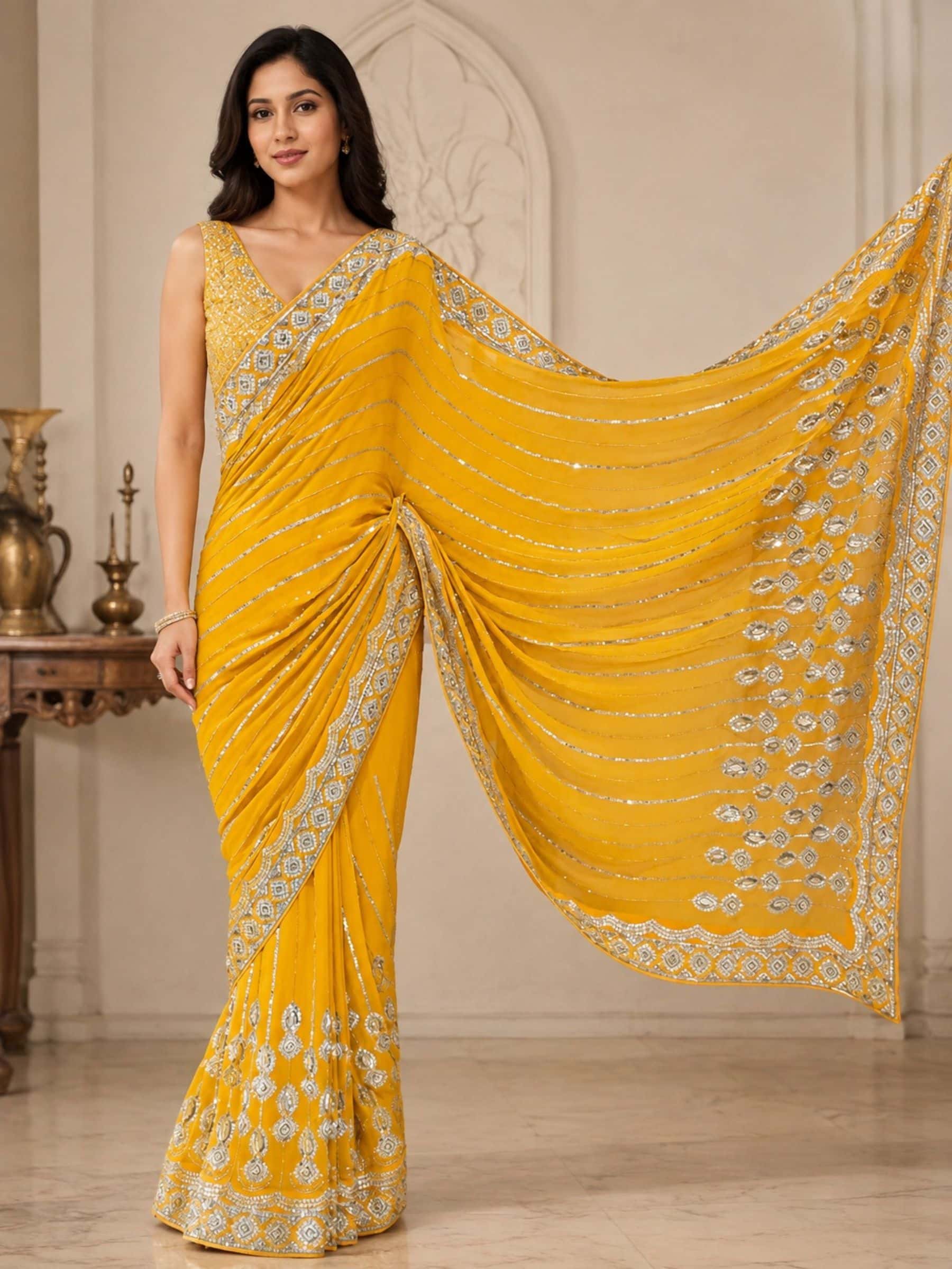 Marigold Glow Handmade Yellow Pure Georgette Saree