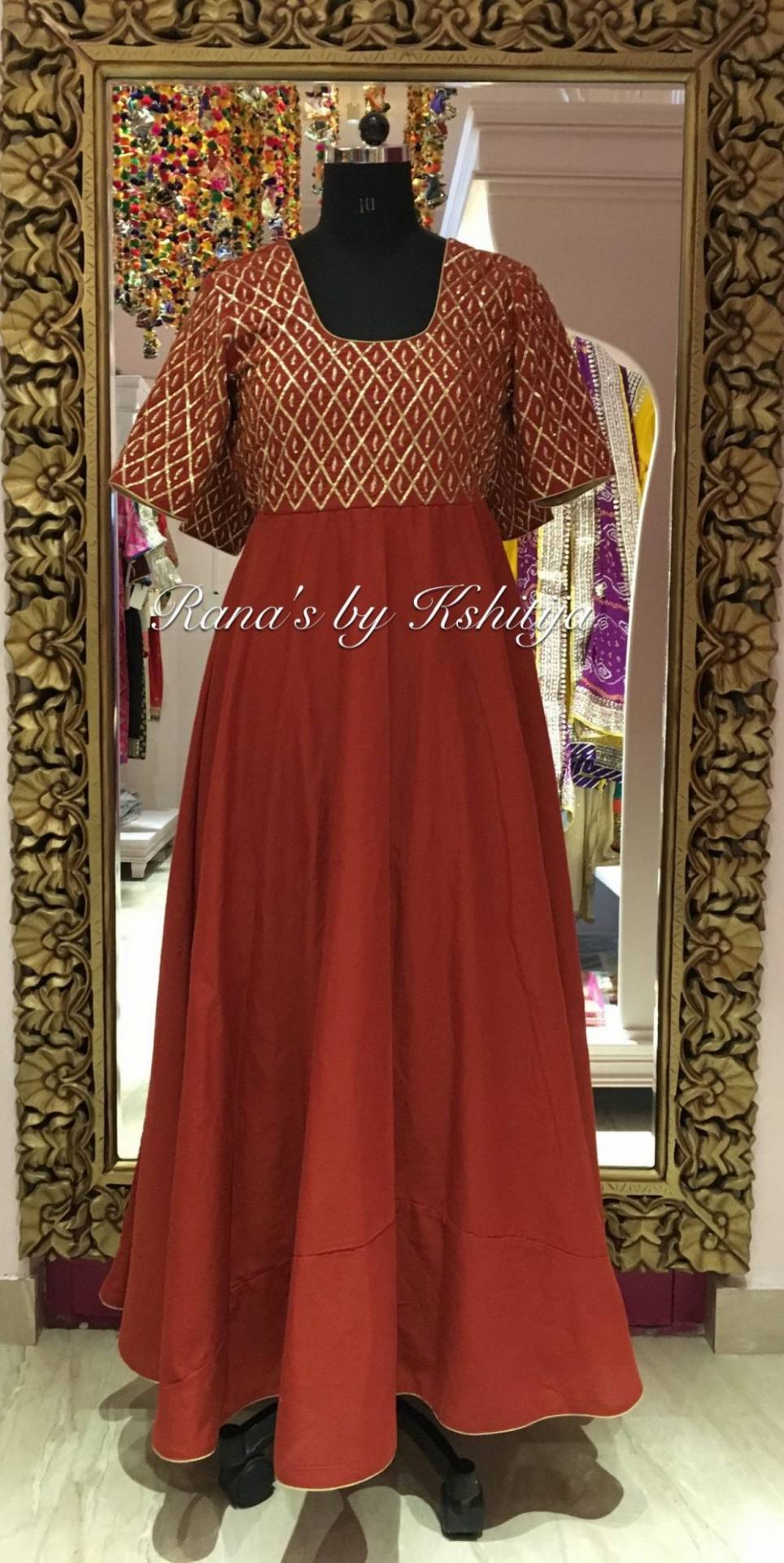 Brick Red Gown with Fine Sequins and Zardozi Handwork
