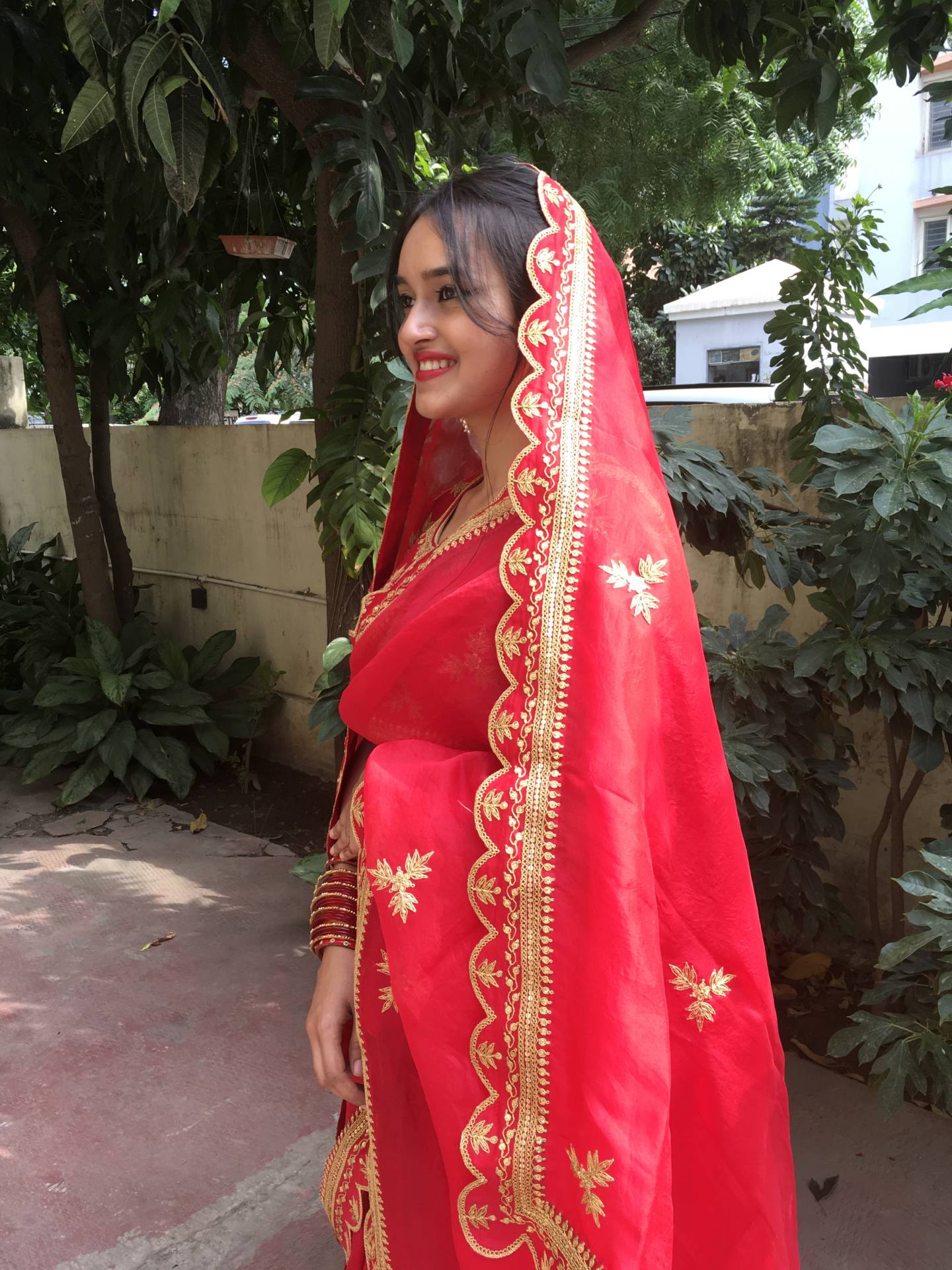 Bridal Saree in Red Organza with Marodi Work