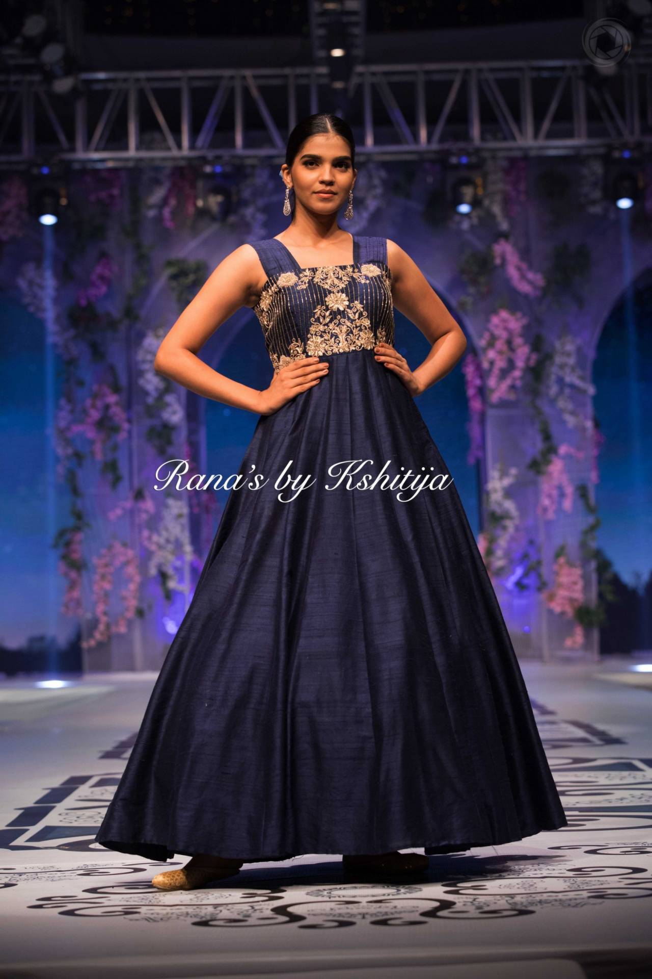 Navy Blue Embroidery Work Anarkali Gown With Ruffle Dupatta