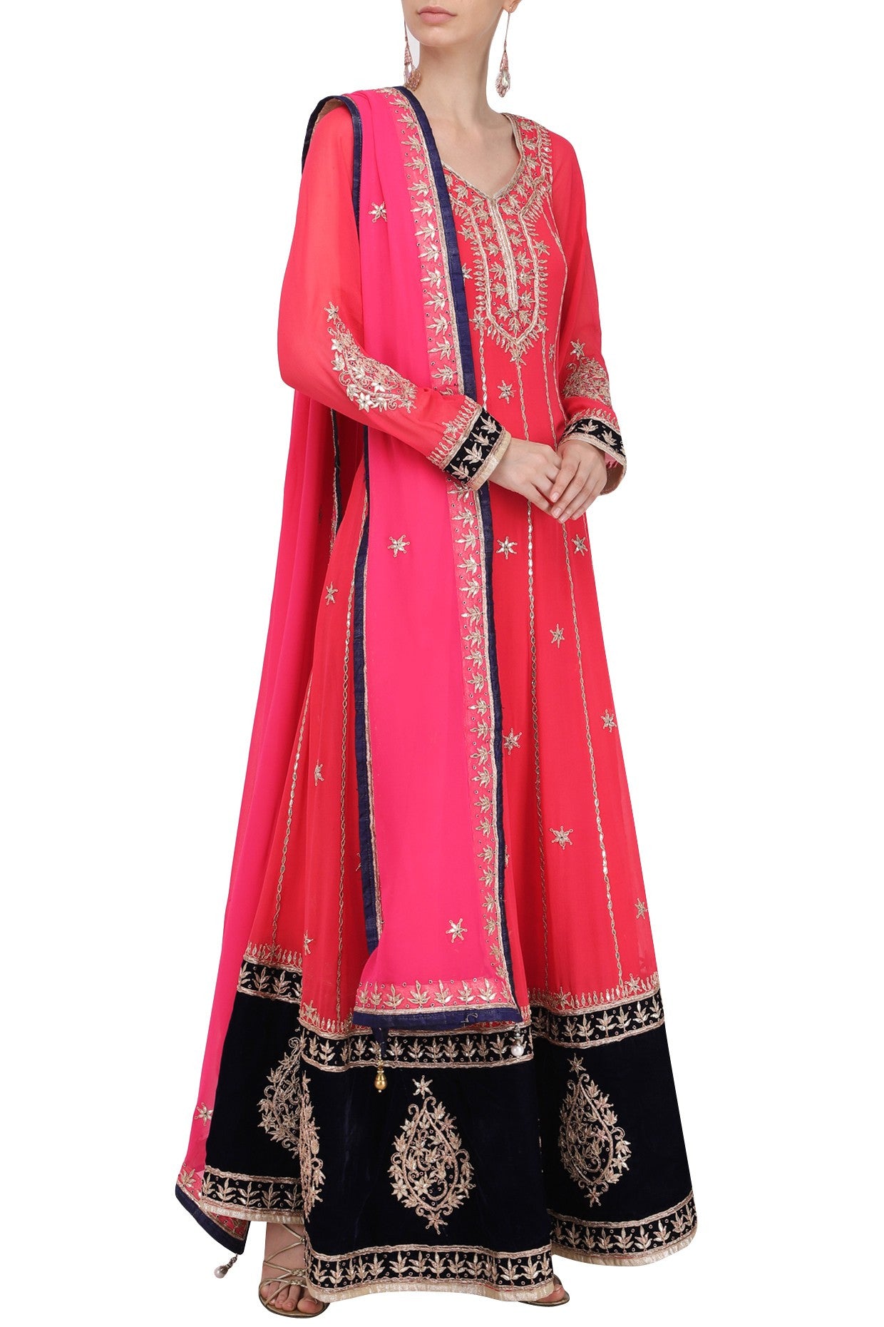 Designer Red Panelled Kalidar with Pink Dupatta