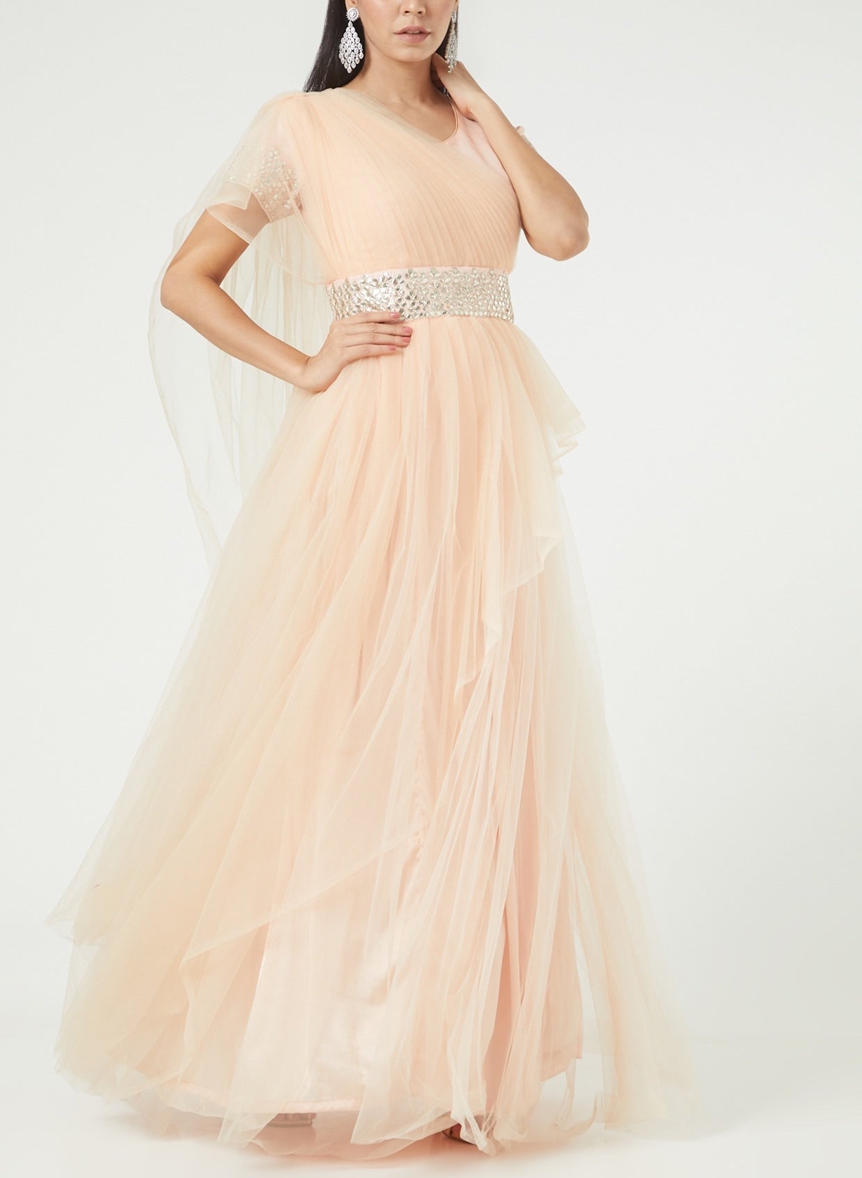 Designer Gown in Pure Silk and Peach Net