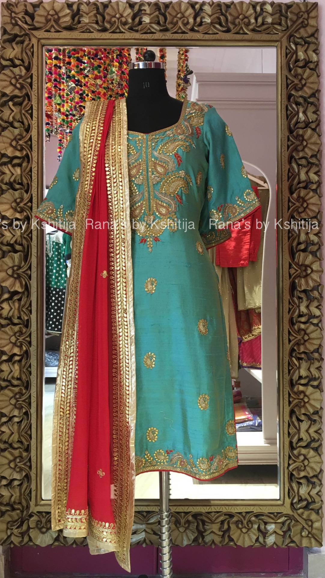 Blue Red Pure Raw Silk Salwar Suit Set