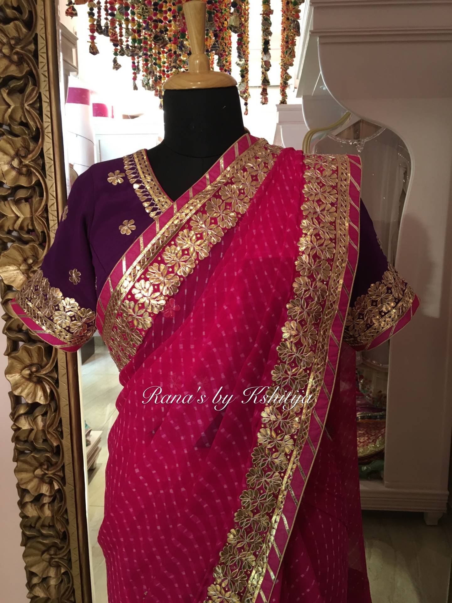 Leheriya Saree in Pure Georgette with Floral Gota Design