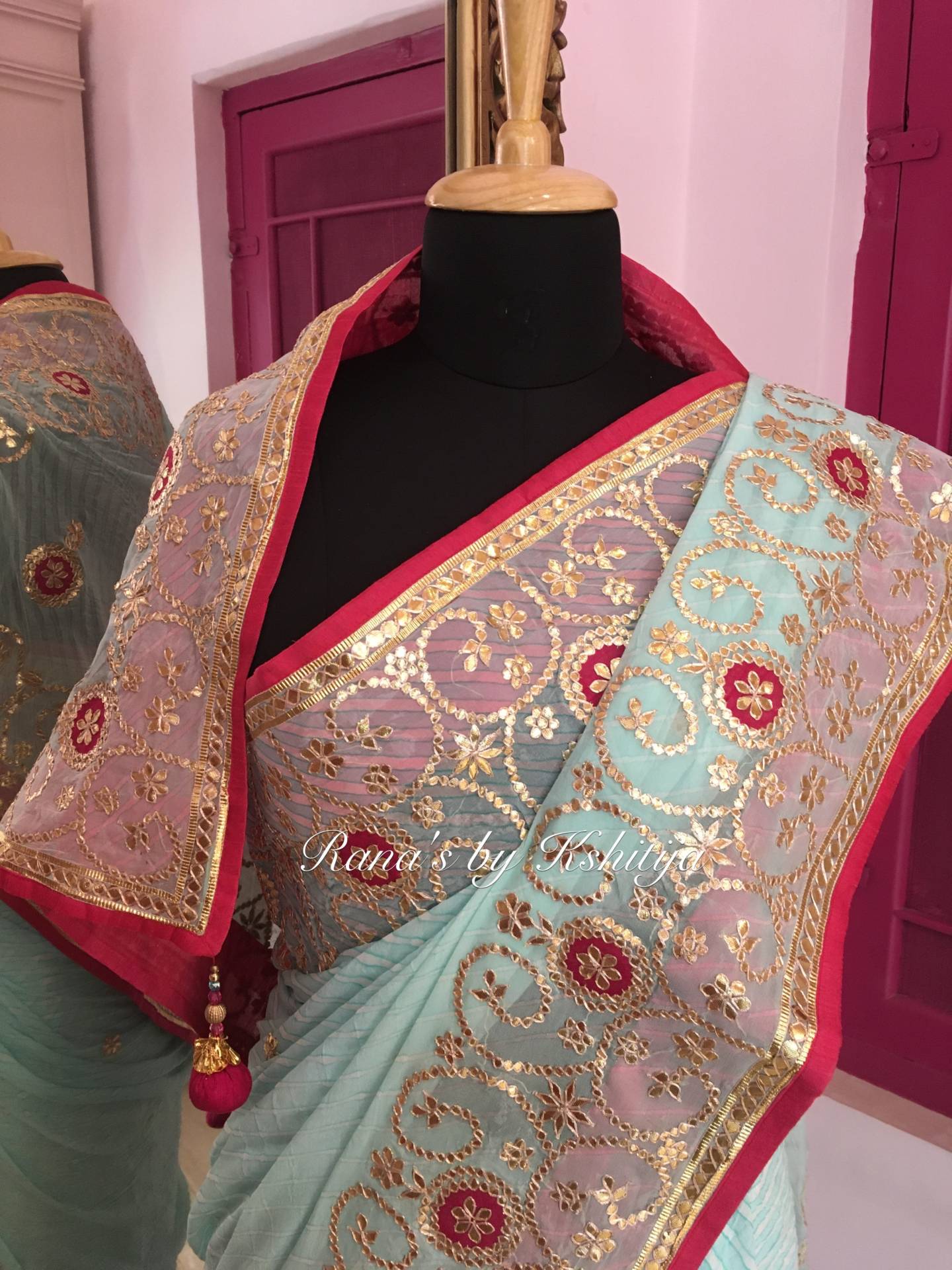 Banarasee Pure Chiffon Leheriya Saree With Hand-Embroidered Gotapatti