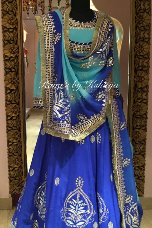 Passionate Blue Rajputi Poshak For Ladies in Fine Handwork