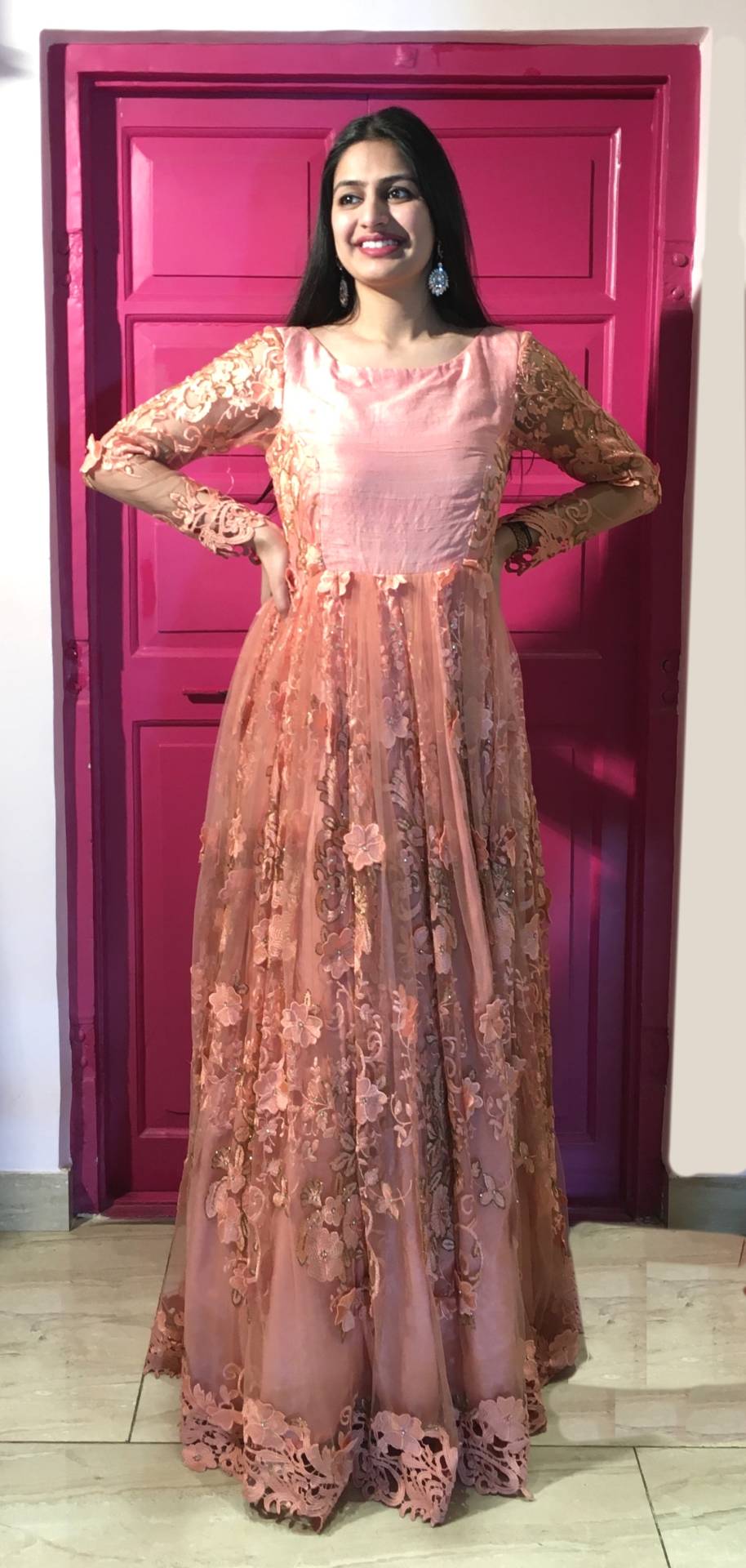 Pretty Peach Floor Length Lace Dress