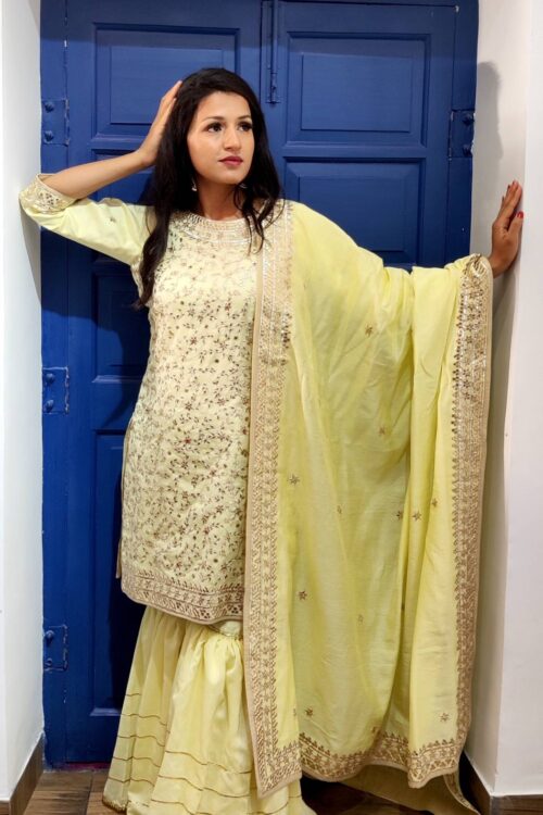 Pure Chanderi Silk Garara Suit Set in Fine Gota Patti Work
