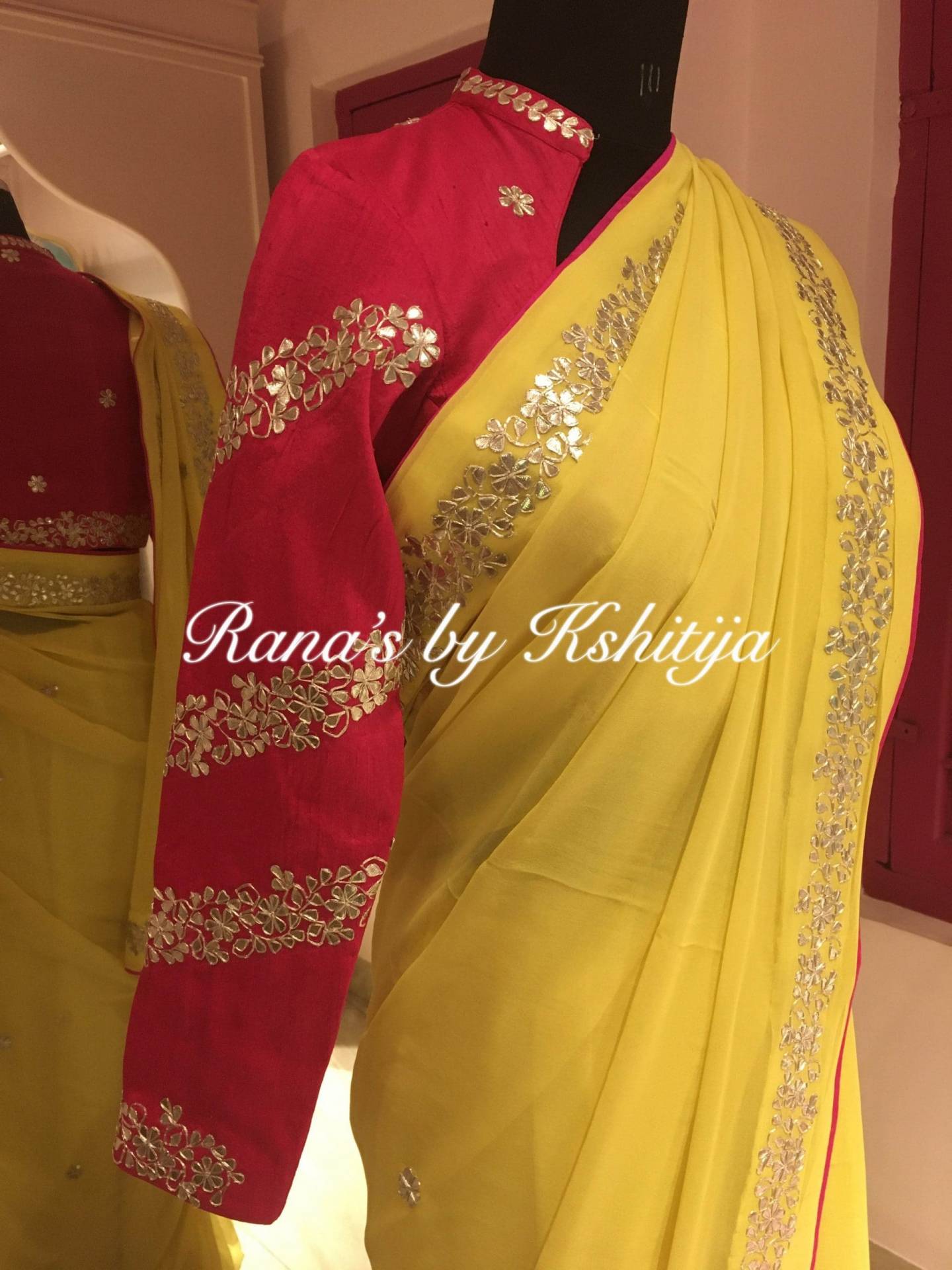 Pure Georgette Saree in Yellow with Hot Pink Full Sleeve Blouse