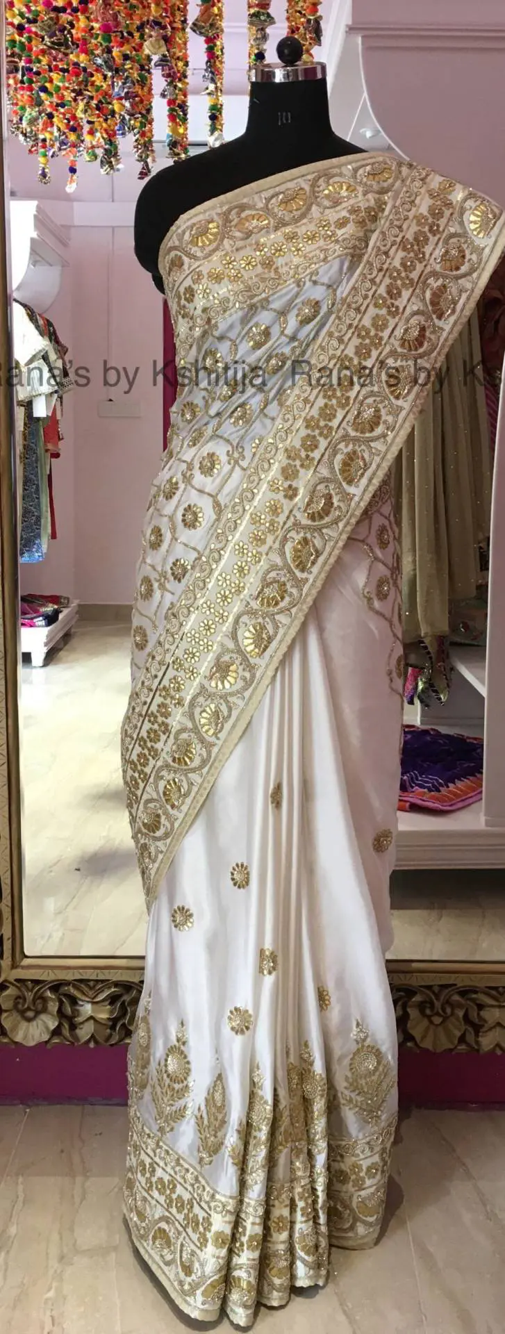 Half white saree with golden green border - Sri Kumaran Stores-hautamhiepplus.vn
