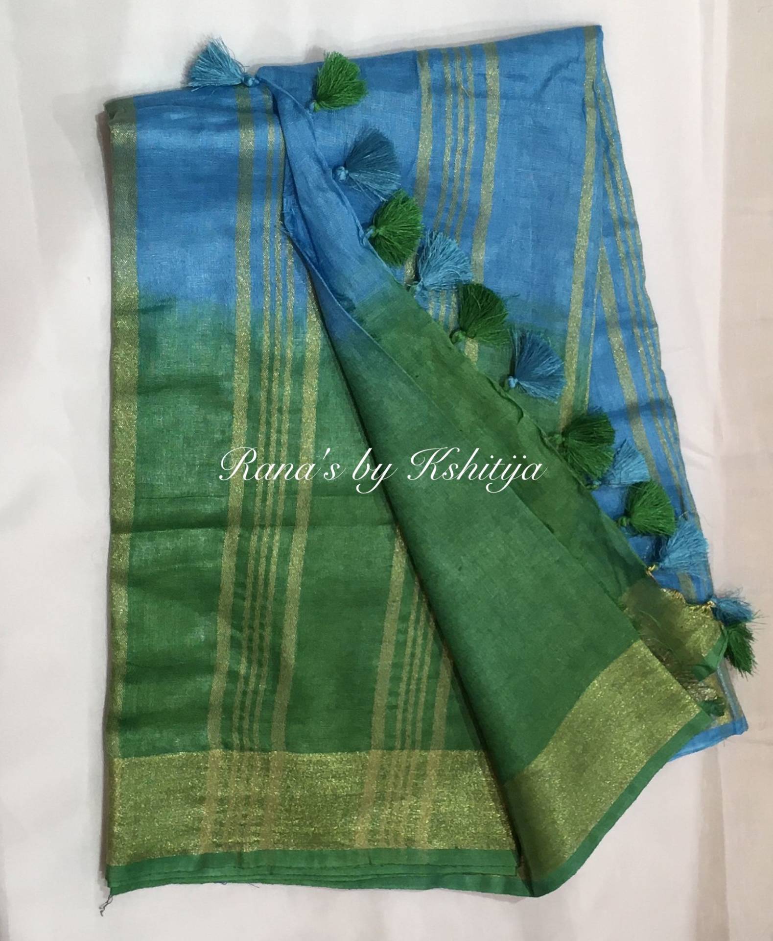 Shimmer Linen Saree with Green Blue Ombre Dye with Blouse