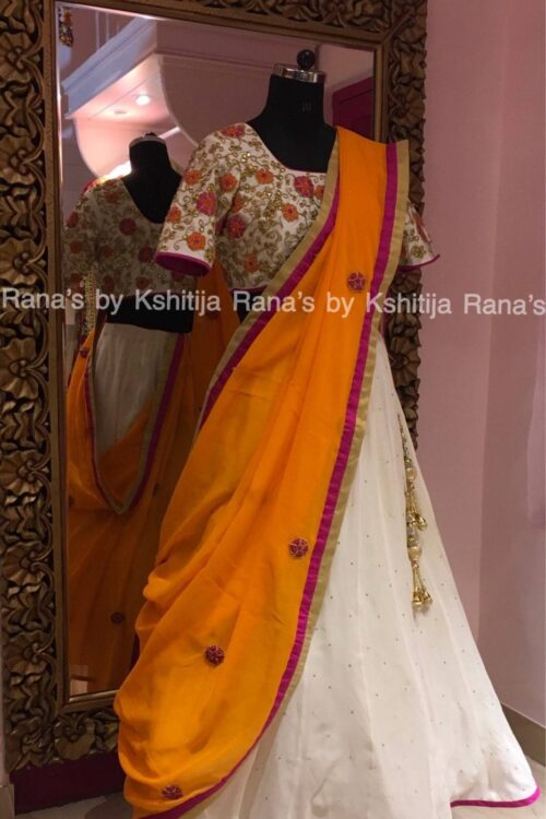 Witty White Lehengas with Orange and Pink