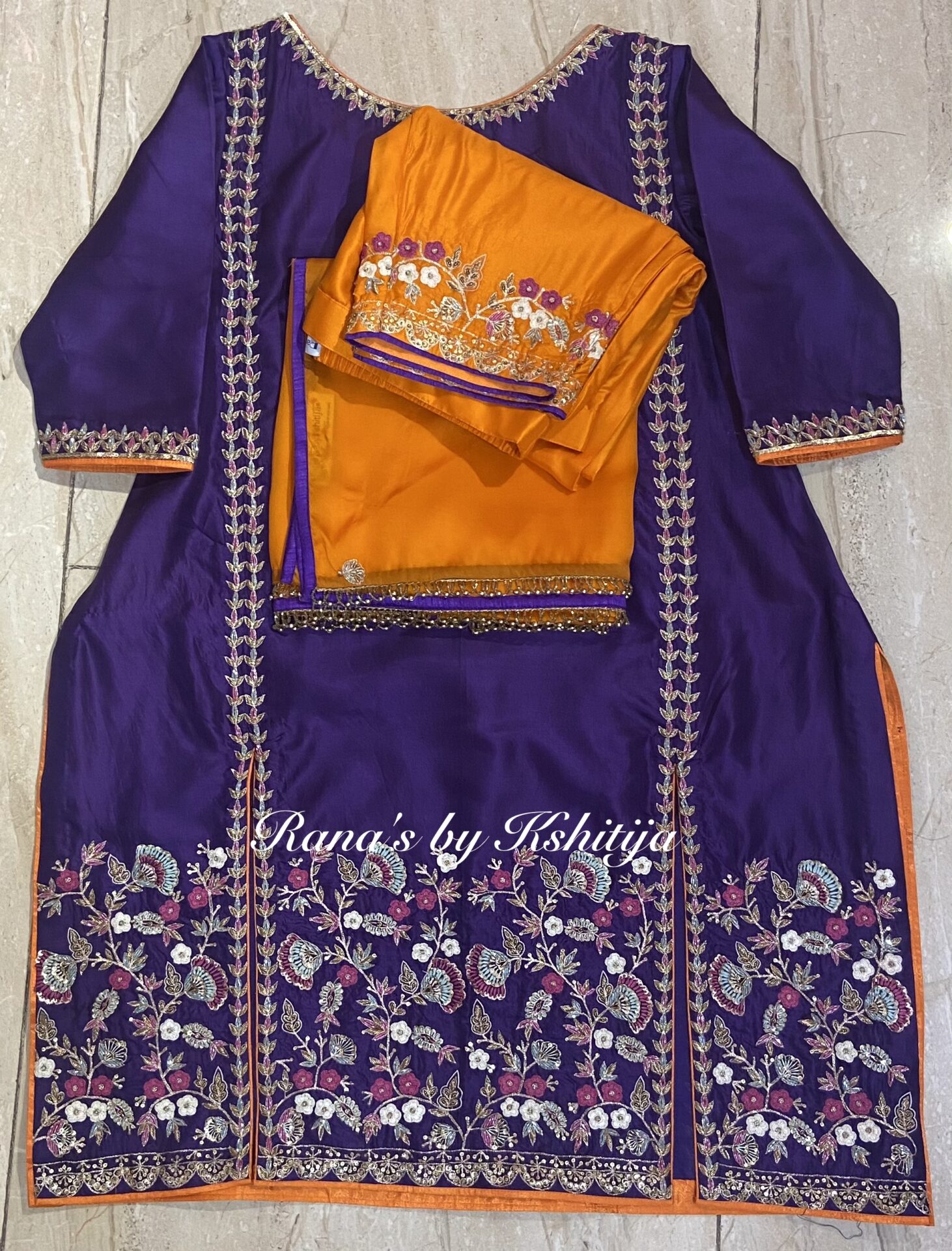 Stylish Purple Orange Pure Silk Suit Set