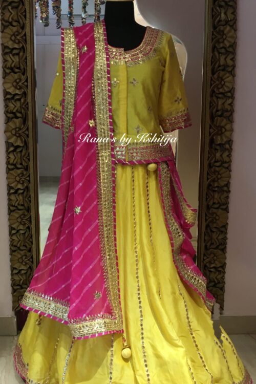 Yellow and Pink Jaipuri Lehenga Set
